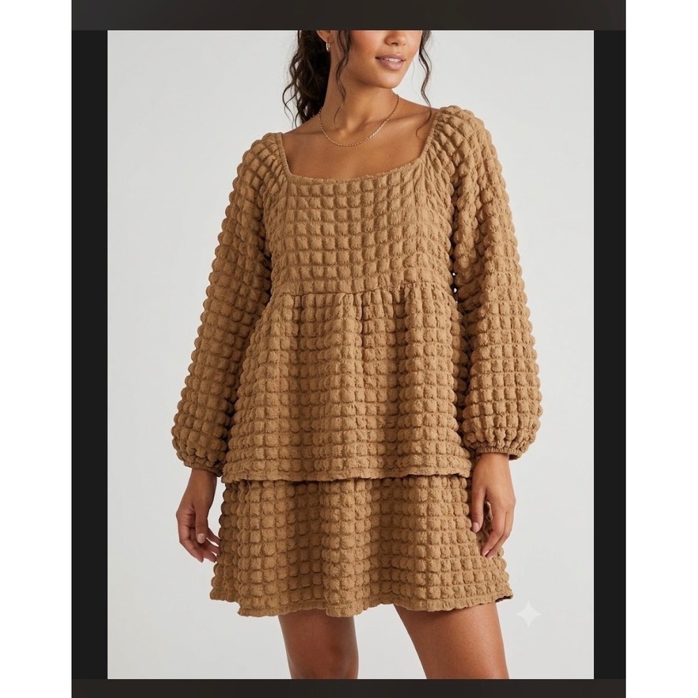 Simply Southern Bubble Knit Tiered Dress Tan Popcorn Texture Long Sleeve Large - Picture 1 of 13